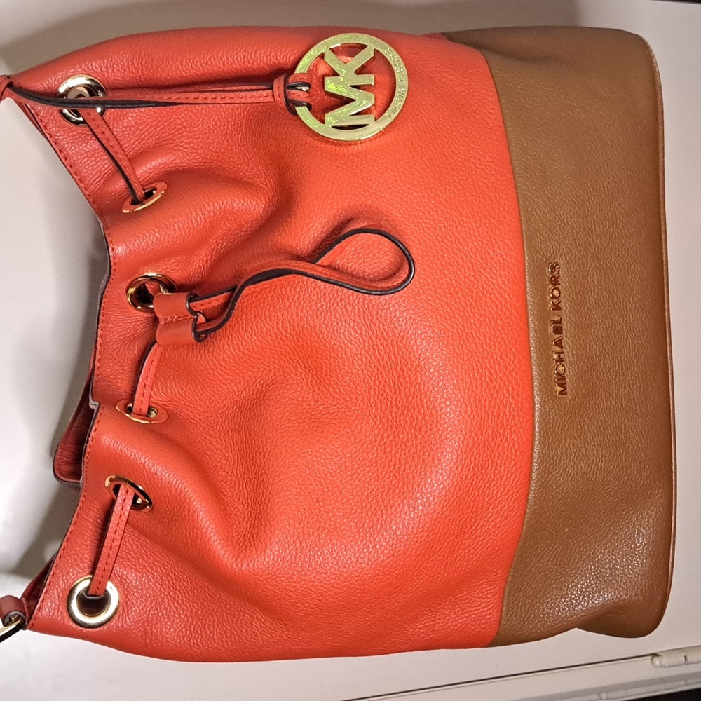 SOLD 🎁 NEW Michael Kors Orange & Brown Soft Pebble Leather Shoulder Bag - Picture 4 of 13